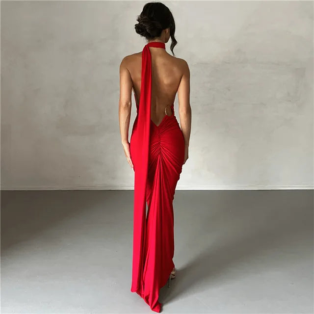 Backless Maxi Dress Oblique Shoulder Sleeveless