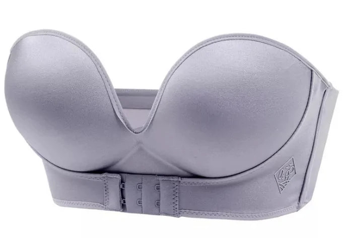 Front & Back Buckle Push-Up Bra: Deep V Strapless Design, Wire-Free, Thicken Lingerie