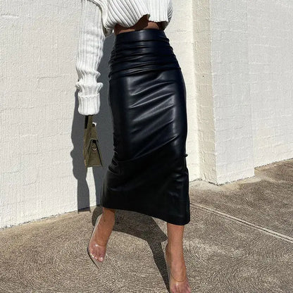 Retro PU Leather High-Waisted Bodycon Midi Skirt