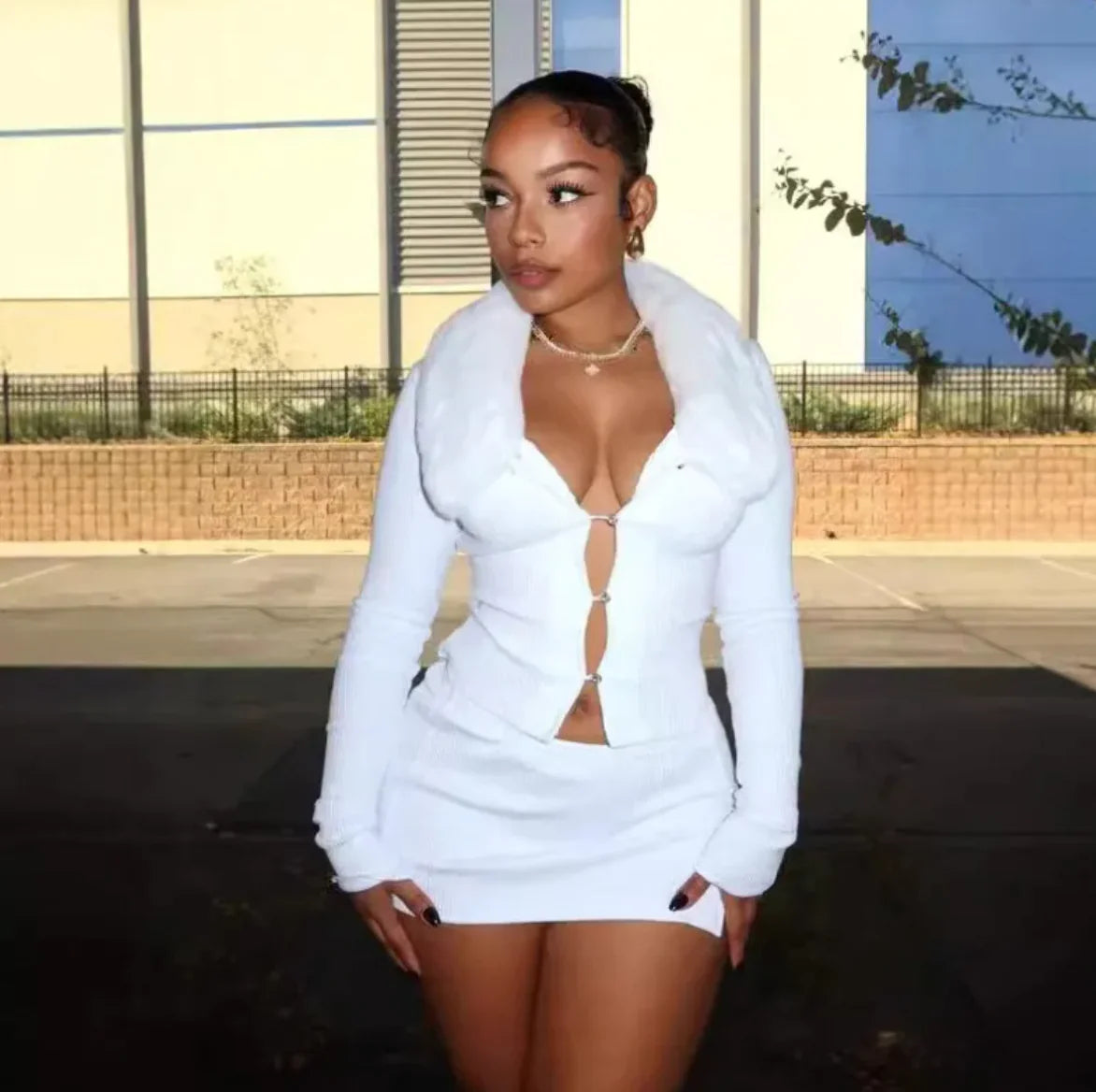 Fur Collar Buttoned Top & Split Skirt Set