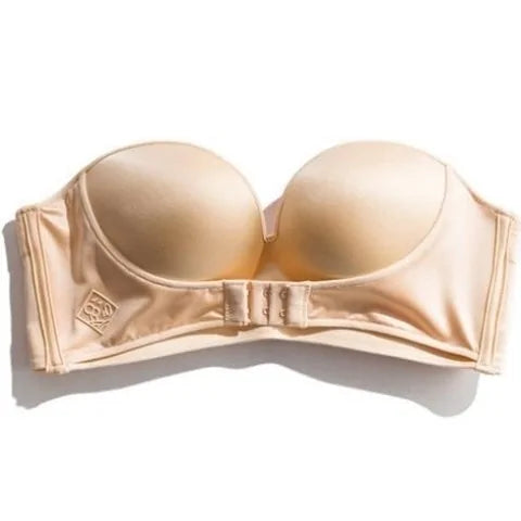 Front &amp; Back Buckle Push-Up Bra: Deep V Strapless Design, Wire-Free, Thicken Lingerie