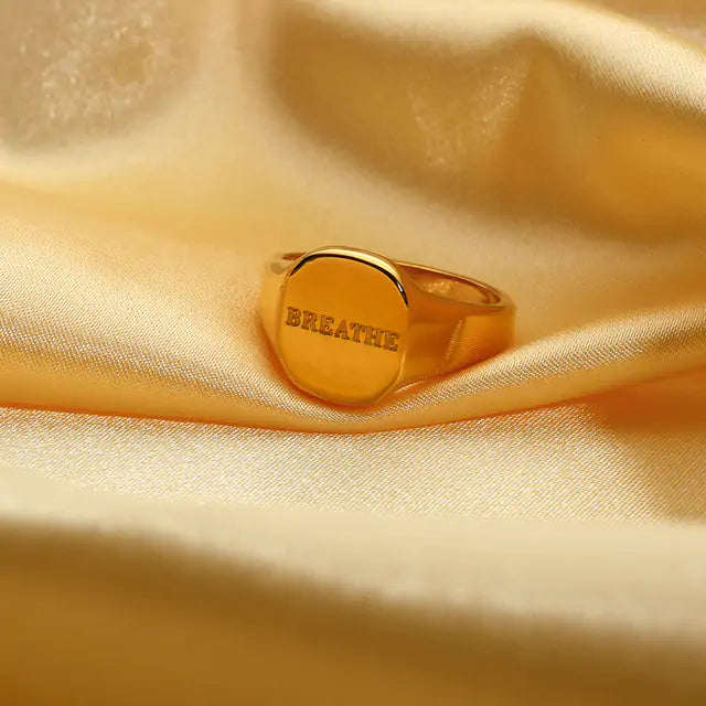Engraved Letter Word Signet Ring: 18K Gold Plated Stainless Steel
