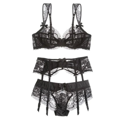 Lace Sheer Bra and Garter Belt Set for Women (3 Pieces)