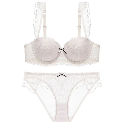 Lace Trim Push-Up Bra and Ruffled Lingerie Set