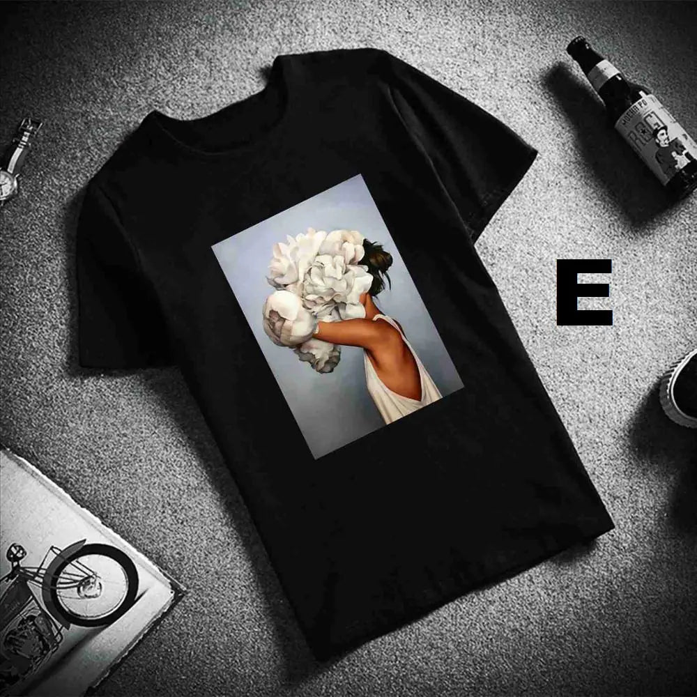 Sexy Flowers Feather Print Short Sleeve Tops