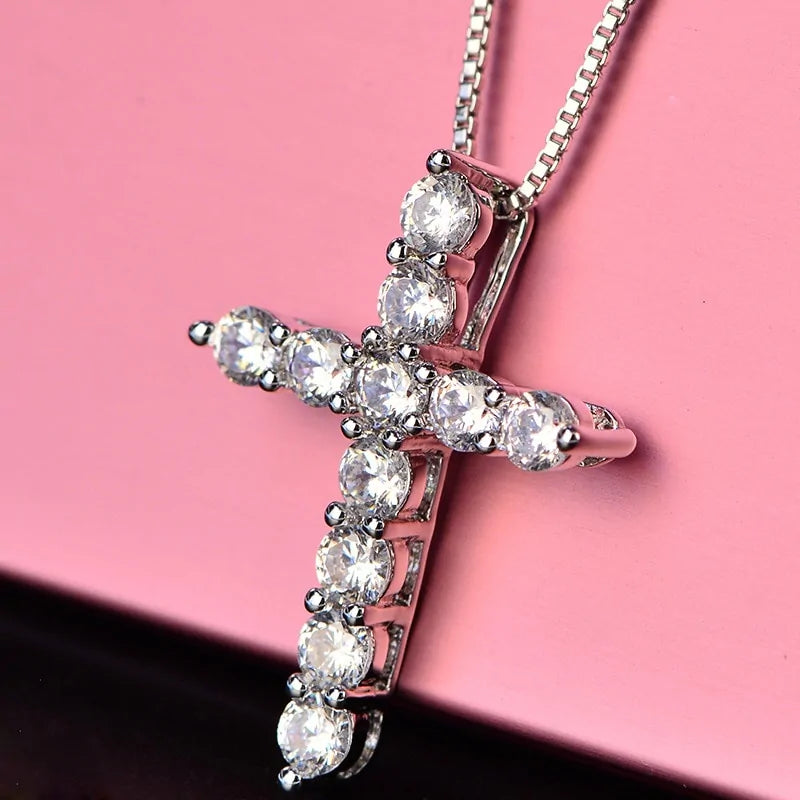 Crystal Cross Pendant Silver Chain Necklace - Fashionable Women&