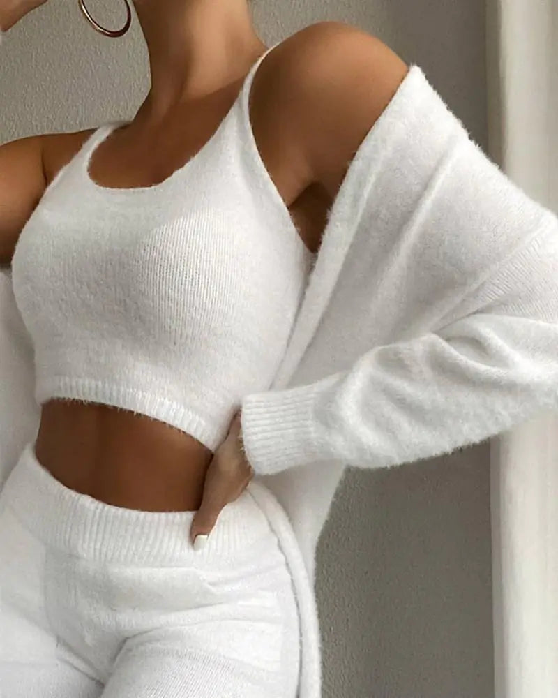 3 Pcs Womens Clothing Fashion Solid Fluffy Plain Crop Top &amp; Skinny Pants &amp; Longline Coat Set Warm Cozy Suit Sets