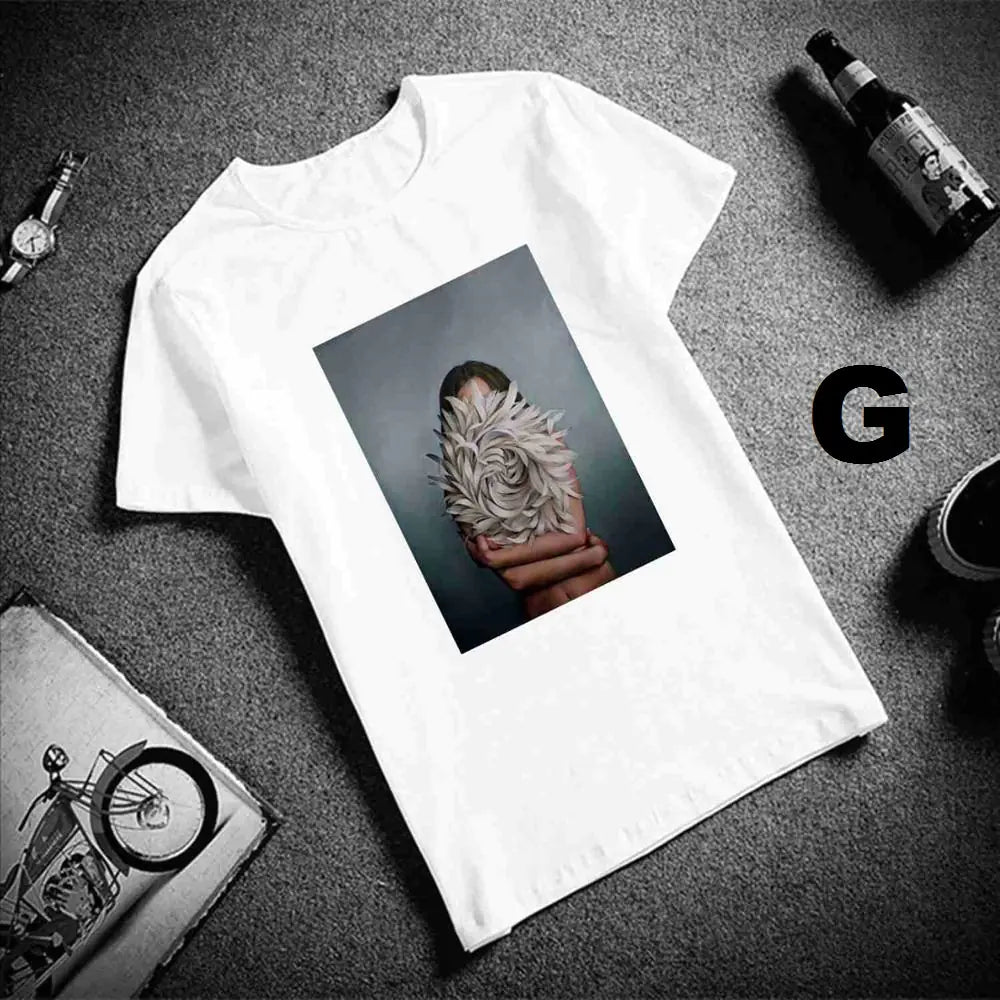 Sexy Flowers Feather Print Short Sleeve Tops