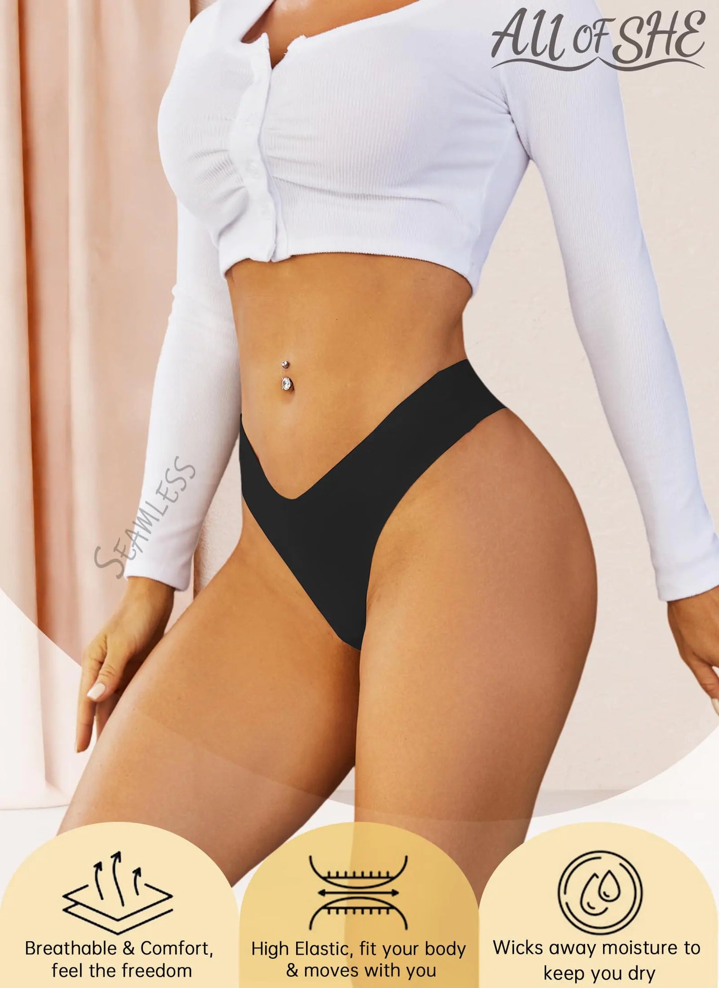 Seamless Thongs for Women No Show V-waisted Invisible Sexy Panties Tangas Thong Underwear Women 6 Pack X-Large F-nude(6 Pack)