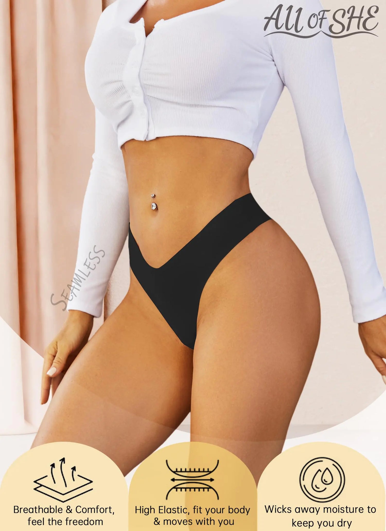 Seamless Thongs for Women No Show V-waisted Invisible Sexy Panties Tangas Thong Underwear Women 6 Pack X-Large F-nude(6 Pack)