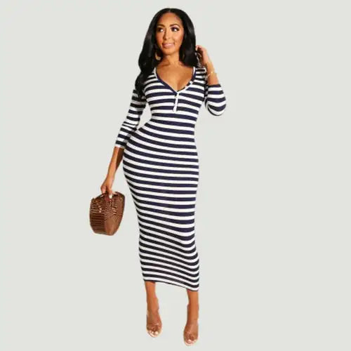 Sexy striped midi bodycon dress Women autumn winter female