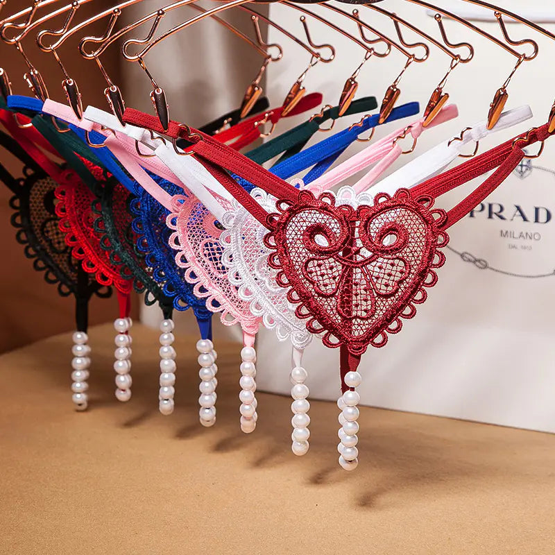 Vintage Pearl Heart Embellished Thong for Women