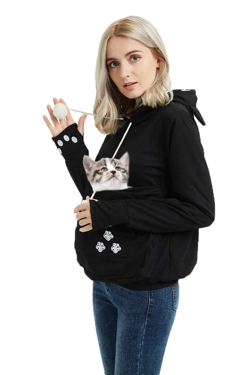 Jomago Womens Pet Carrier Thin Hoodies Kitten Puppy Pouch Shirts Animal Holder Hood Long Sleeve Sweatshirt Thin Black