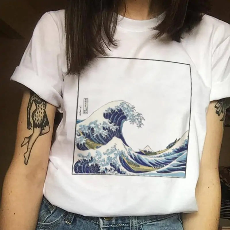 Japanese Waves Print T-Shirt