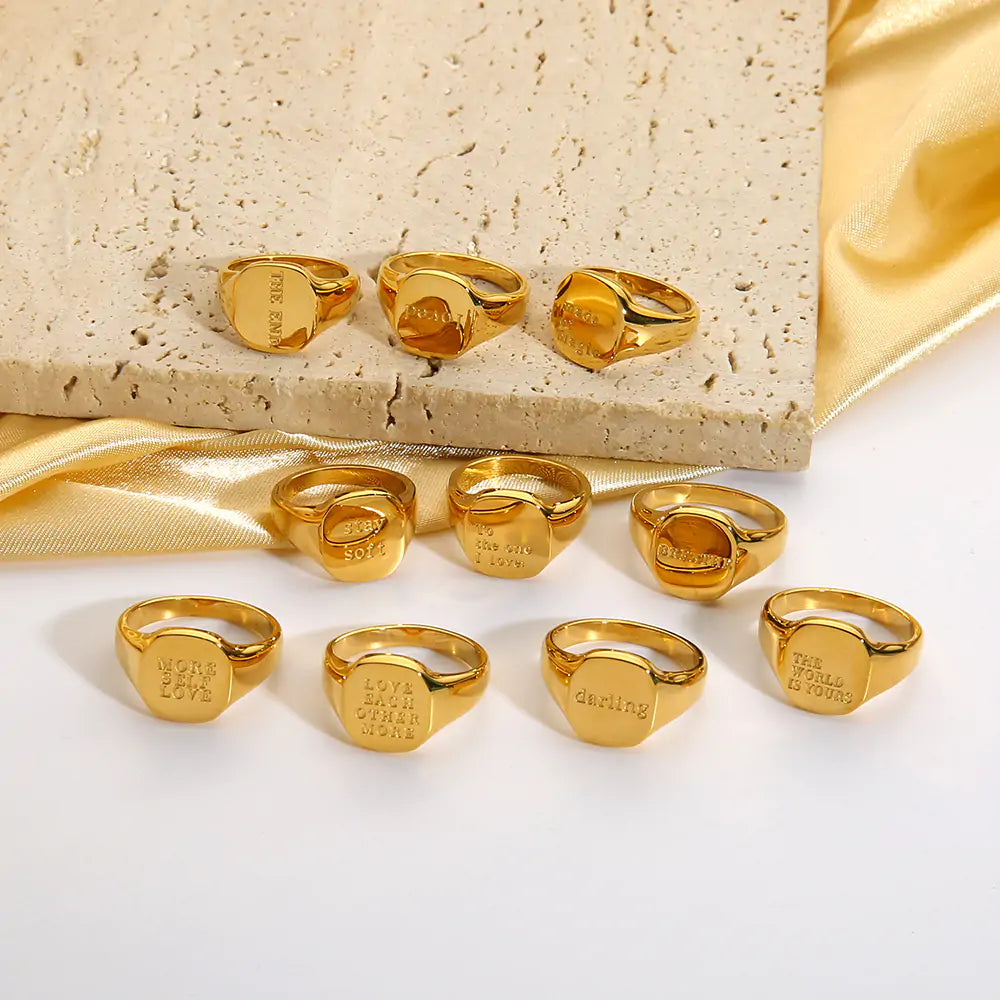 Engraved Letter Word Signet Ring: 18K Gold Plated Stainless Steel